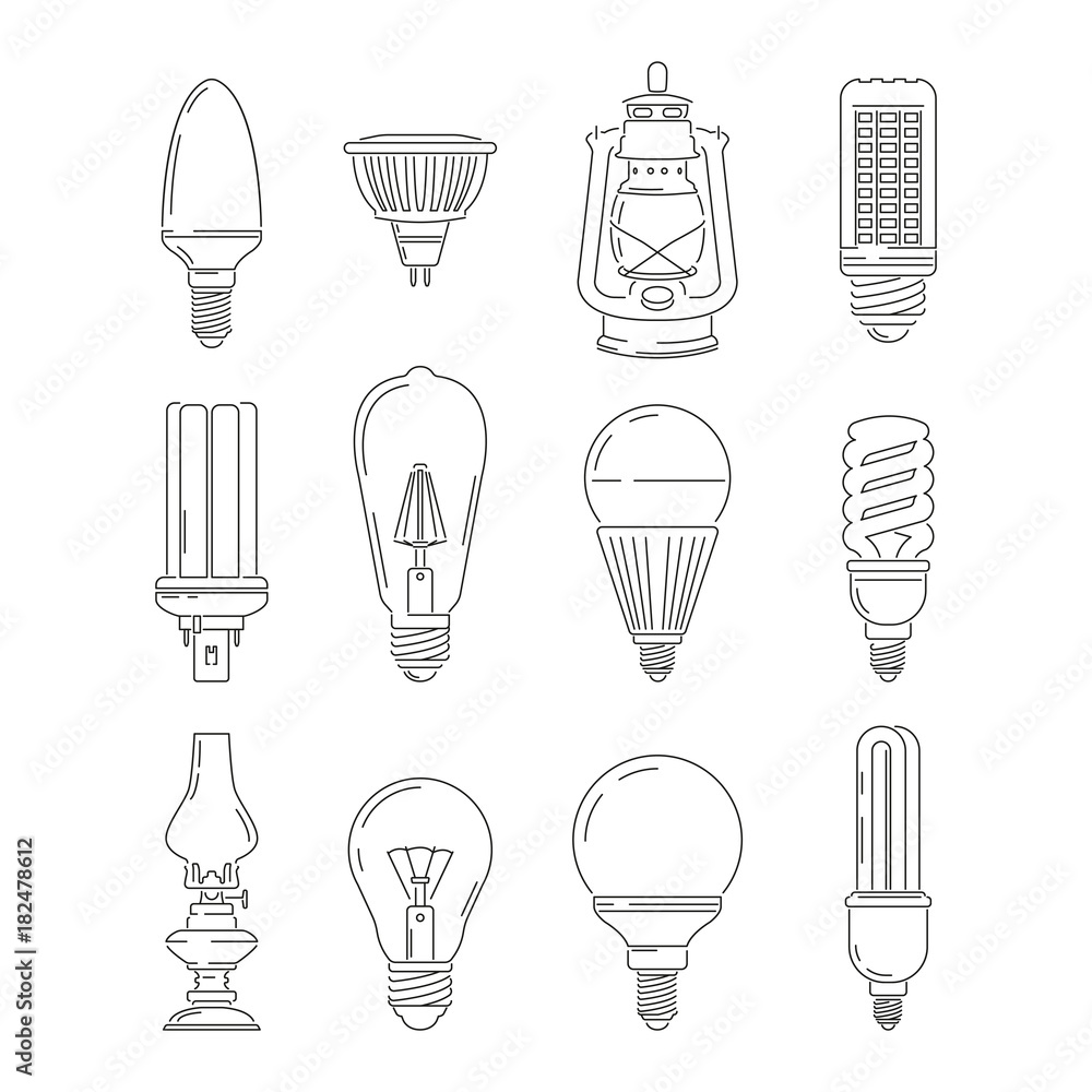 Sticker symbols of light. different bulbs. mono line illustrations set