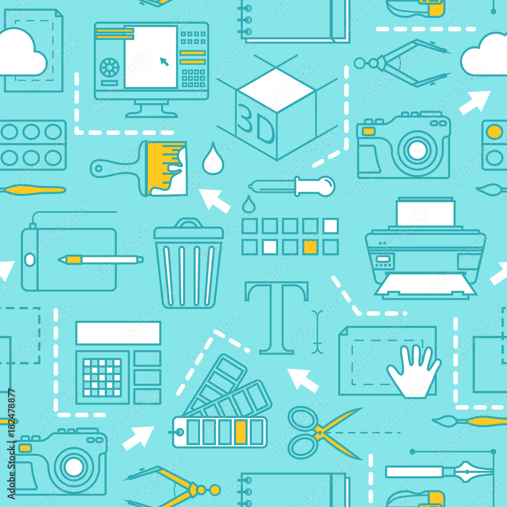 Poster different tools for computer designers. vector seamless pattern