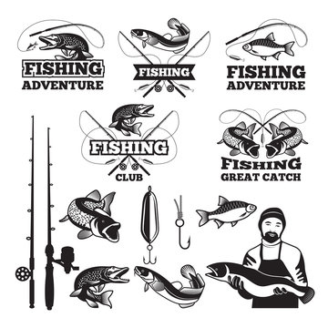 Vintage labels set for fishing club. Vector logos templates