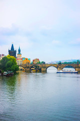 Water Ferry at Charles Bridge in Prague Czech Republic