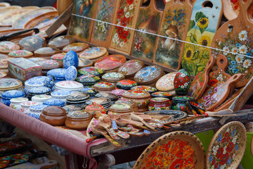 Handmade souvenirs on the Andreevsky Descent street. Kiev, Ukraine