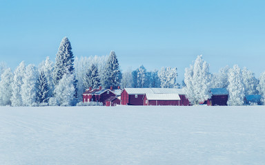 Cottage in winter countryside at Lapland sunny day