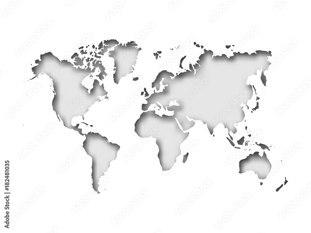 Poster map of world cut into paper with inner shadow isolated on grey background. vector illustration with 