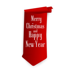 Realistic Red paper scroll banners. Merry Christmas and Happy New Year design for a holiday card on white background. 3d Vector illustration