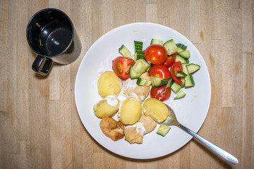 Delicious Meal Tomatoes Cucumber Chicken Breasts White Bowl Spoon Cup Water Greek Yogurt Potatoe