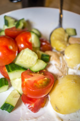 Shallow Depth Of Focus Delicious Meal Tomatoes Cucumber Chicken Breast White Bowl Spoon Cup Water Greek Yogurt Potatoe