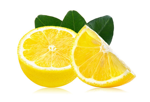 Slice of lemon fruit with leaf isolated on white background
