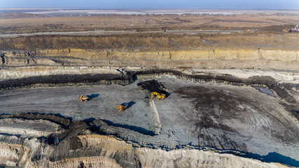Aerial View. Coal section, open-pit mining, industry of Primorsky Krai, Russia