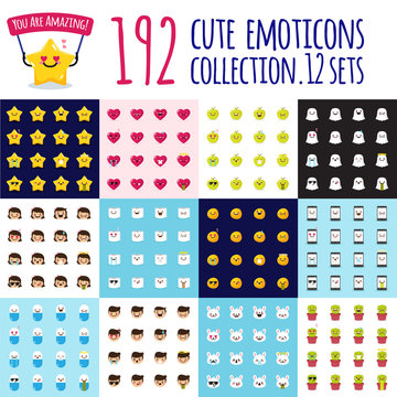 Vector Emoji Big Set. Funny Cartoon Emoticons. Star, Heart, Apple, Ghost, Girl, Toilet Paper, Moon, Phone, Pill, Boy, Rabbit, Cactus Stickers