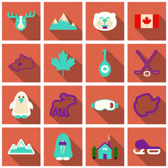 Set of winter icons different objects sport equipments and animals