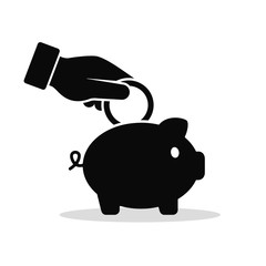 Hand put coin to piggy bank icon. Vector illustration, income business concept