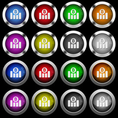 Bitcoin financial graph white icons in round glossy buttons on black background
