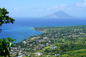 Landscape view of the volcanic Caribbean island of Sint Eustatius seen from St Kitts 