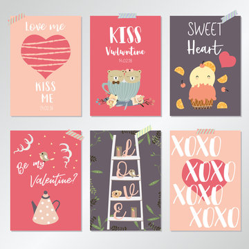 Valentine's day collection for banners,Placards with staircase,bear,ice cream,heart and pot