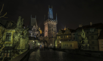 Fototapeta premium Tower on Charles bridge in night Prague