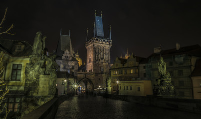 Tower on Charles bridge in night Prague