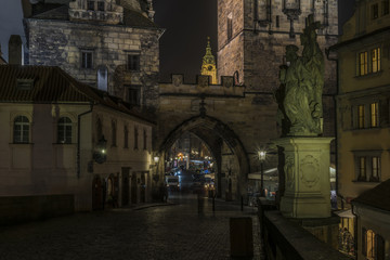 Fototapeta na wymiar Tower on Charles bridge in night Prague