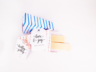Christmas Decoration with Red and Blue Triangle Wafers Christmas Gift Boxes with wafers for holidays best for background image for Holiday invitation and banners and blogs