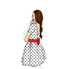 Young girl with long hair in a beautiful short dress. Vector illustration. Clothing, accessories, fashion and style. She's a slender woman.