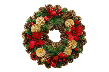 Fototapeta na wymiar Christmas wreath of cones, spruce branches and flowers, New Year's decorations. Isolated, white background.