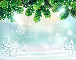 Winter background with fir branch border and snow-covered landscape. Vector illustration.