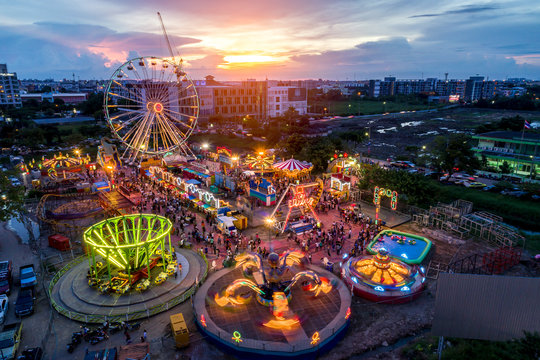 Bangkok,Thailand - september 9,2017: Night Canival in bangkok topview ,aeriel view drone