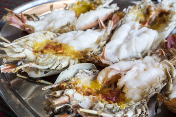 Close up the shrimp river burned on stainless tray