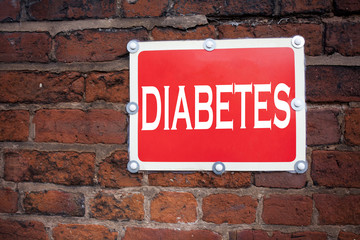 Fototapeta premium Hand writing text caption inspiration showing Diabetes concept meaning Disease Medical Insulin written on old announcement road sign with background and copy space