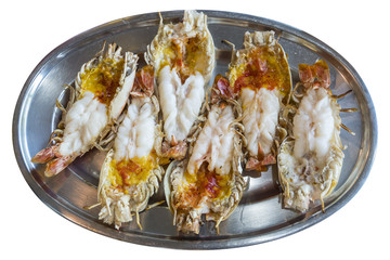 Top view the shrimp river burned on stainless tray isolated