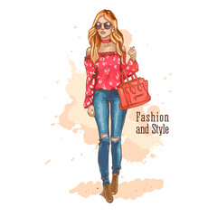 Fashion look. Urban casual outfit. Shirt with print and jeans. Young stylish woman with a bag in sunglasses. Hand drawn sketch. Vector illustration.