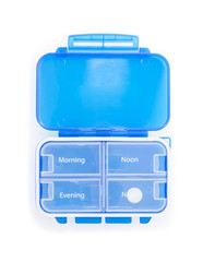Blue plastic pill organizer Isolated on white background.