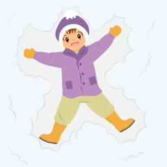 Happy boy lying in snow and moving his arms and legs up and down. Boy making snow angel, cartoon vector