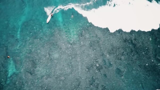 Aerial shot from top of surfer riding a wave on a longboard, walking, doing cross teps and hang ten
