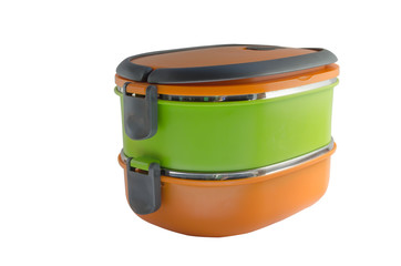 coloeful plastic tiffin carrier 2 floors isolated on white