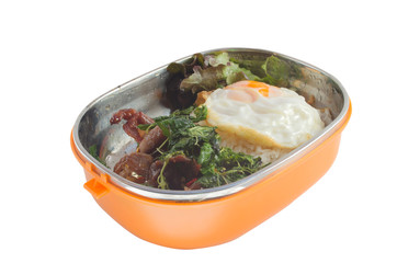 the fried egg on new steamed rice and fried pork kapho.
