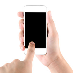 Hand holding and touch on smartphone with blank screen isolated on white background