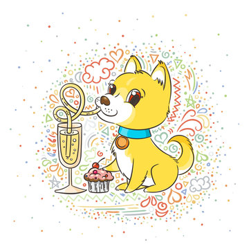 Golden dog with the champagne or lemonade and a cake. New Year symbol of 2018.