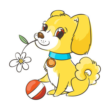 Happy golden cartoon puppy. Cute little dog wearing collar.