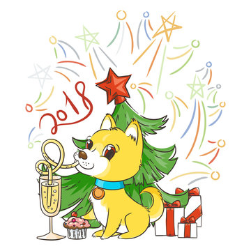 Golden dog with the champagne or lemonade and a cake. New Year symbol of 2018.