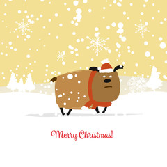 Christmas card, santa dog in forest. Symbol of 2018