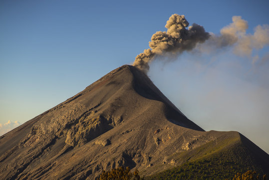 Volcano eruption, Volcan de Fuego Guatemala, in the morning with clear sky no clouds