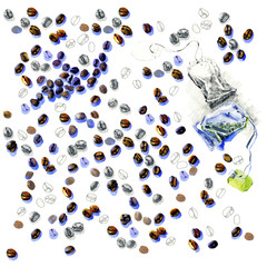 Black, delicious, fragrant, strong, tart coffee. Brown, fried, fresh grains. Fresh tea bag of black, green. Watercolor. Illustration