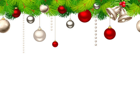 Vector Christmas horizontal seamless background with red and silver balls and green fir branches.