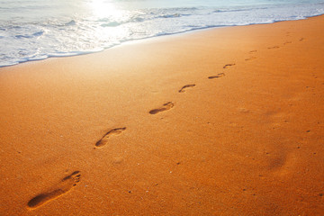 beach, wave and footprints at sunset time