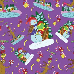 Seamless pattern with singing snowman, forg and deer with gifts. Christmas and New Year background for greeting cards, posters, invitations