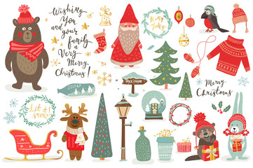 Hand drawn Christmas set in cartoon style. Funny card with cute animals and other elements: bear, deer, rabit, santa, Christmas tree, lettering.