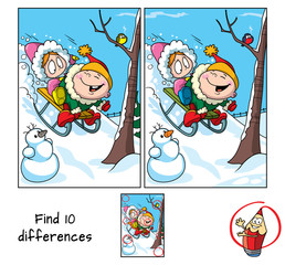 Little girl and boy riding a sledge. Find 10 differences. Educational game for children. Cartoon vector illustration