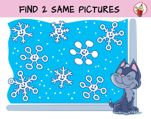 Funny snowflakes. Find two same pictures. Educational matching game for children. Cartoon vector illustration