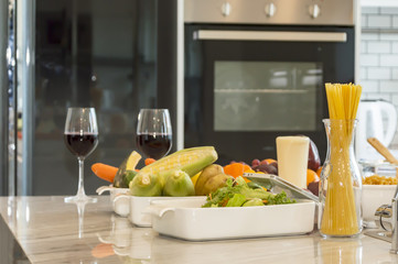 Close up spaghetti and Vegetables with ingredients ready.