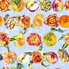 Delicious still life with orange mandarins, red apples, beautiful roses, spring tulips, fir cones, New Year's toys. Watercolor. Illustration